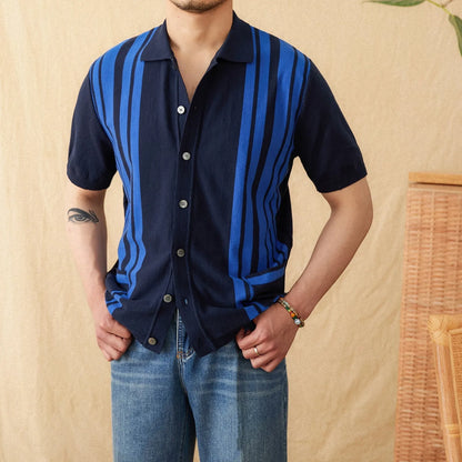 Short-sleeved knitted cardigan polo shirt in royal blue with lapel collar and striped pattern, sizes M to 3XL