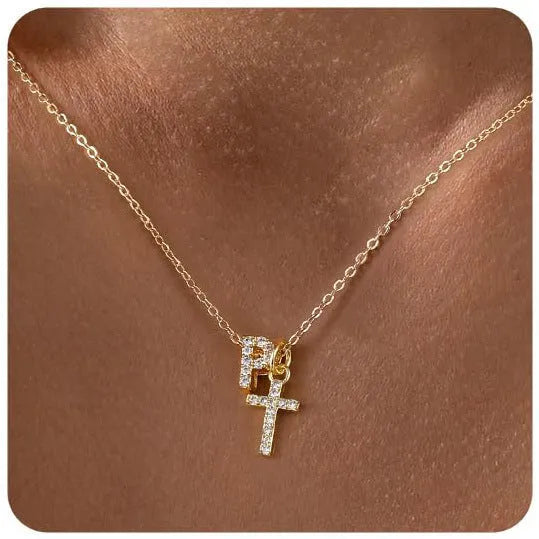A-Z zircon inlaid letter necklace on a copper regular chain with electroplated finish