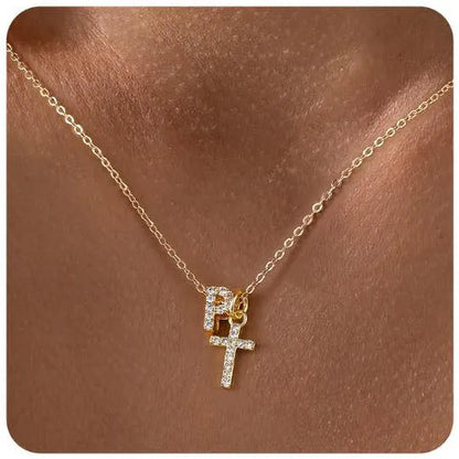 A-Z zircon inlaid letter necklace on a copper regular chain with electroplated finish