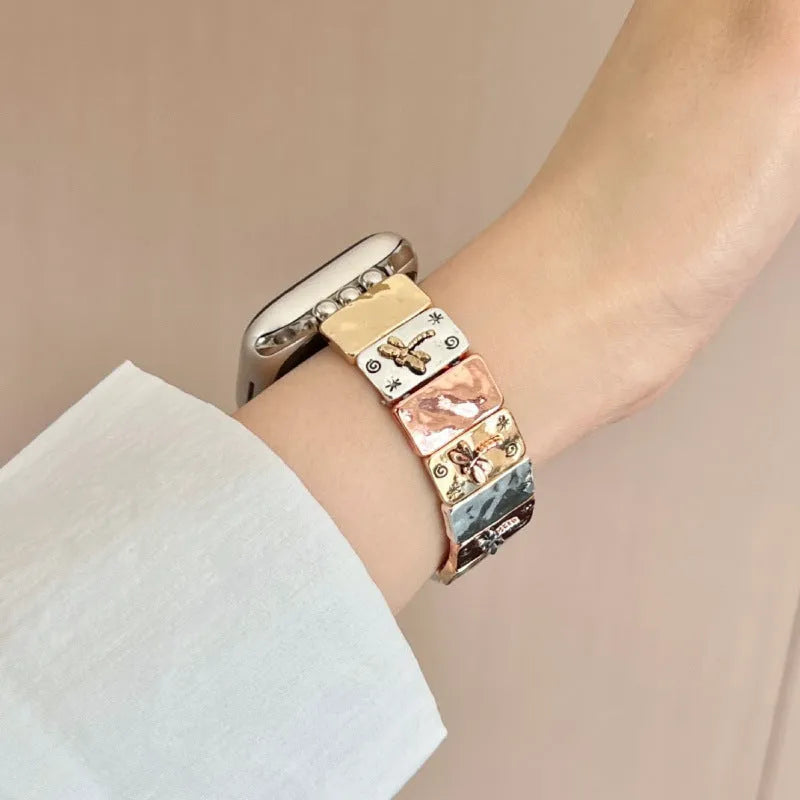 Elastic Watch Band with Embossed Dragonfly Design, Single Circle Stretch Strap in 125mm and 135mm Lengths for Apple Watch 38/40/41mm and 44/45/46/49mm Models