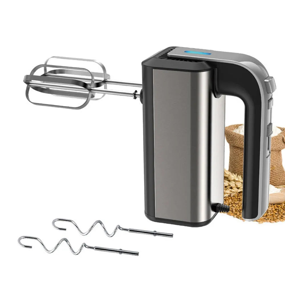 Silver handheld electric kitchen whisk with five speed settings and 1000W motor