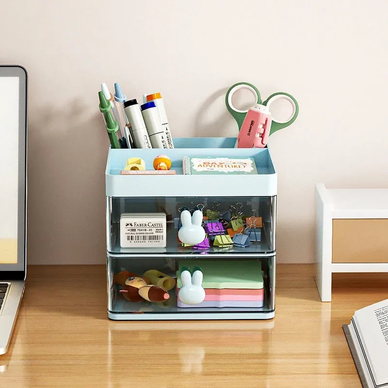 Transparent partitioned desktop storage box with drawer design for organising cosmetics and stationery