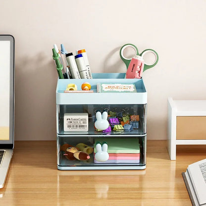 Transparent partitioned desktop storage box with drawer design for organising cosmetics and stationery