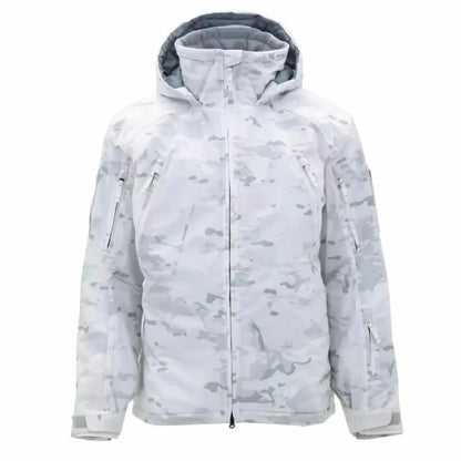Cotton winter jacket in camouflage pattern showing medium length cut