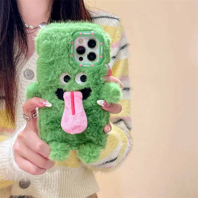 Pink and Green cartoon monster plush silicone case for Apple iPhone showing tongue-out design.