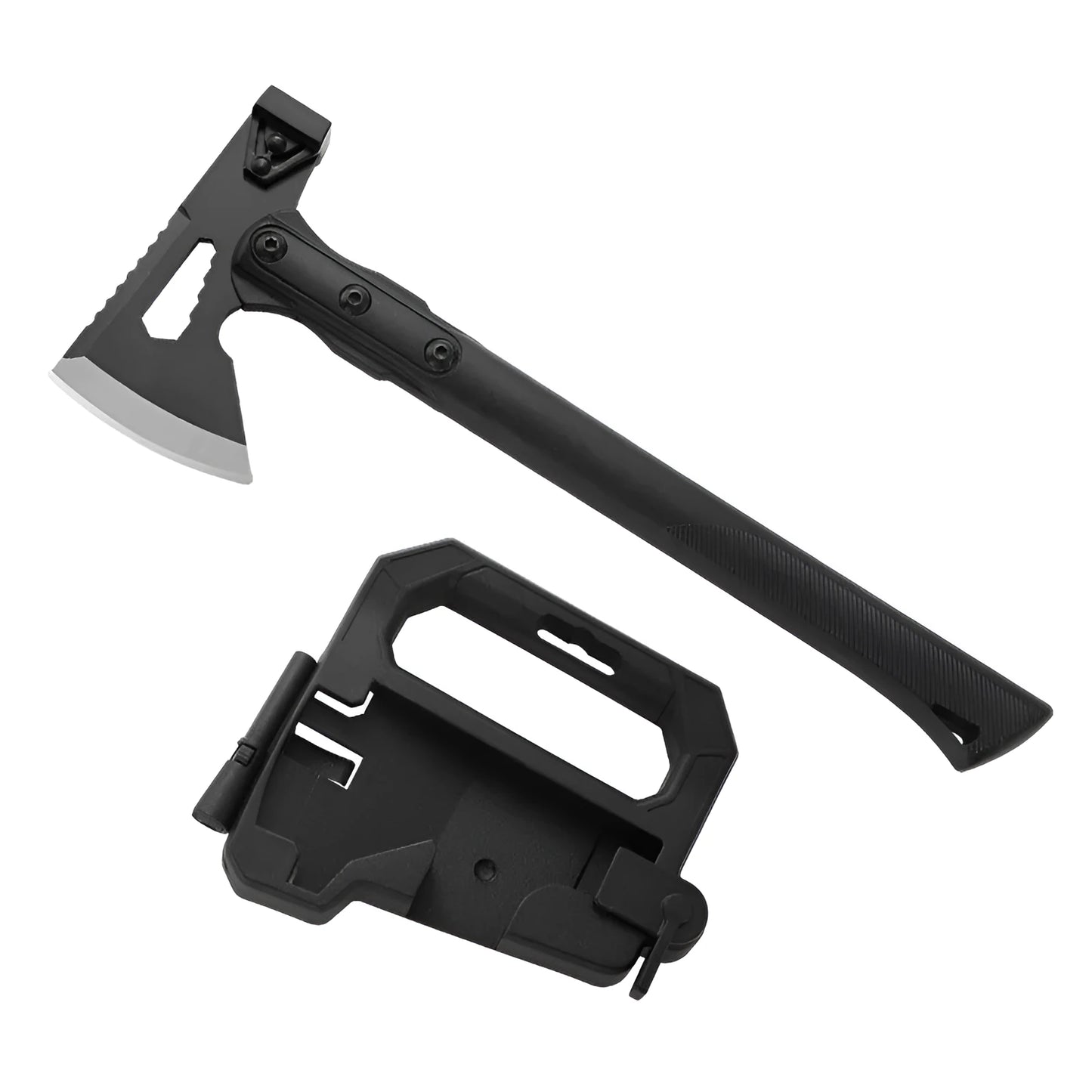 Stainless steel camping survival axe with ABS handle measuring 40cm by 15cm