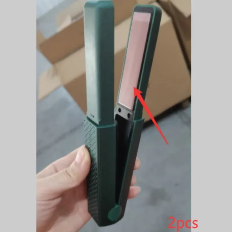 Pink and green cordless USB rechargeable mini hair straightener and curler with ceramic plates