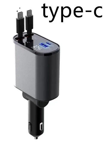 A sleek, metal 100W car charger with USB and Type-C ports for fast charging on the go