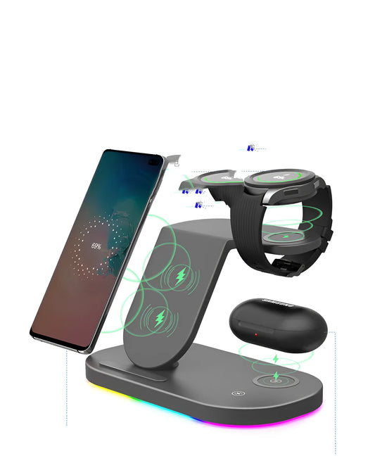 Black and white 15W three-in-one wireless charger with Type-C interface