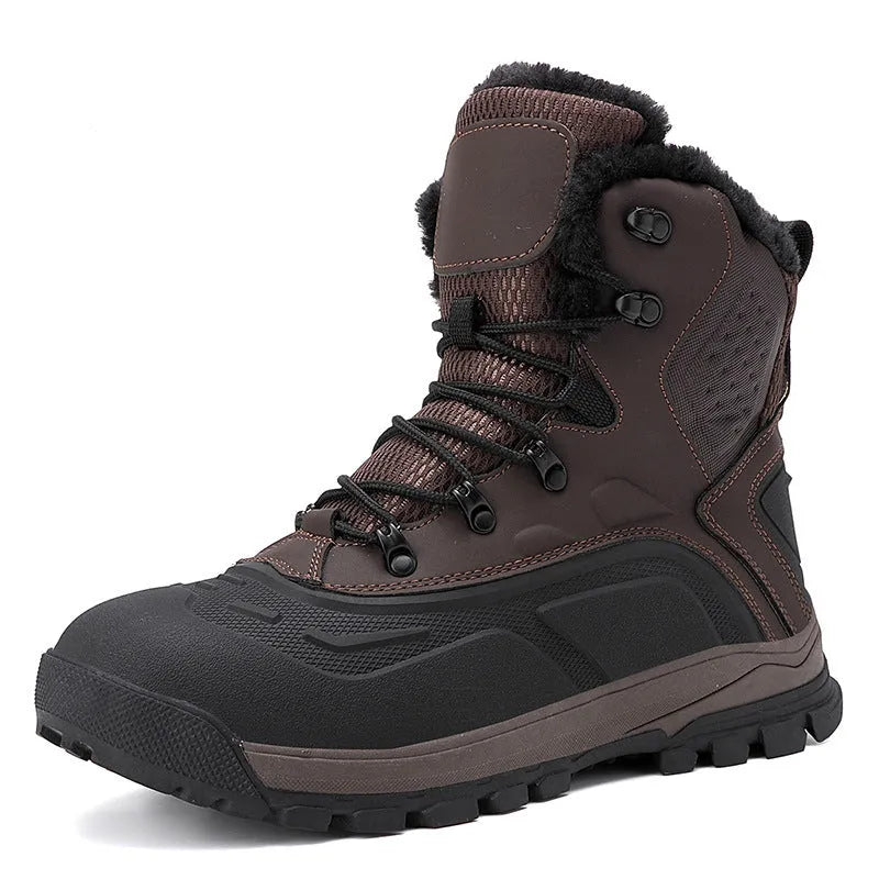 Men's black high-top winter boots with fleece lining and lace-up front on a flat heel