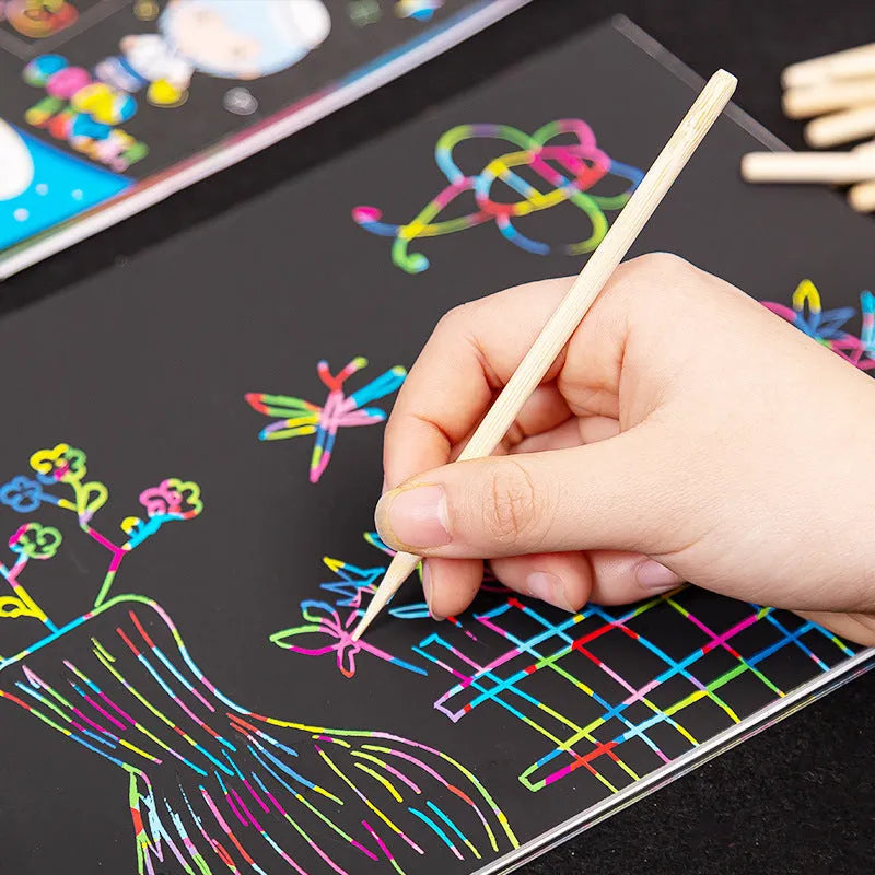 Scratch art repair kit with scraper pen, repair solution, brush, small scraper, and bamboo stick components