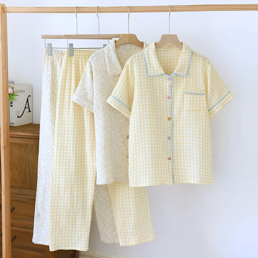 Women's washed cotton double-layer gauze short-sleeved trousers set in flower sea or yellow plaid pattern.
