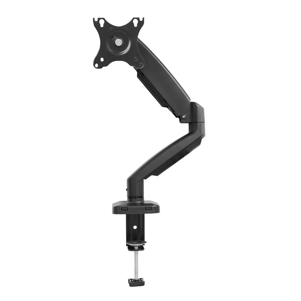 Black rotating telescopic LCD screen bracket elevated on a table.
