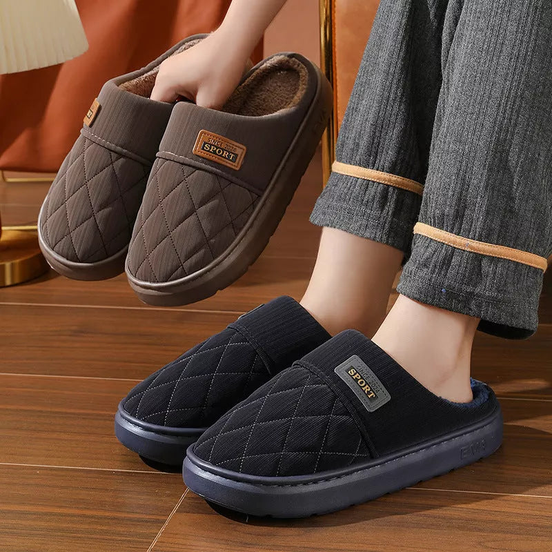 Men's navy blue winter plush house slippers with non-slip sole