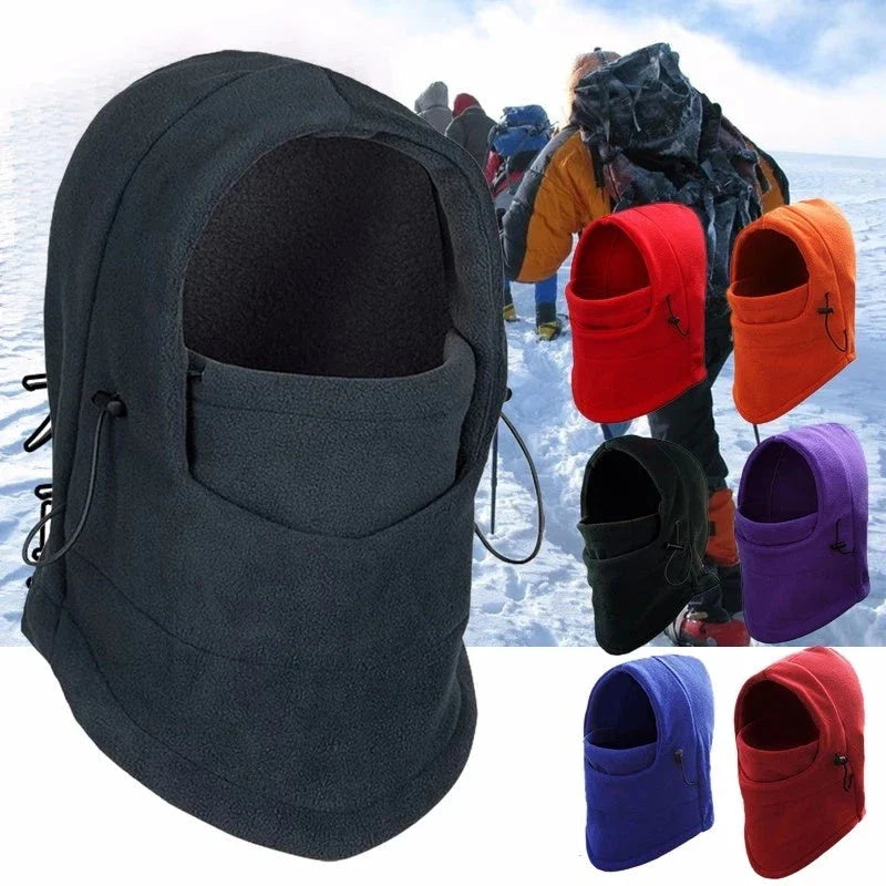 A versatile windproof ski hat with an integrated face mask and neck gaiter, providing complete protection from the elements during outdoor activities.