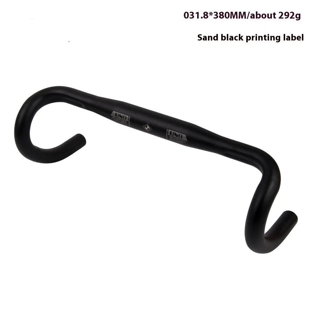 Black UNO road bike aluminium racing handlebar with small bent profile showing 31.8mm clamp markings