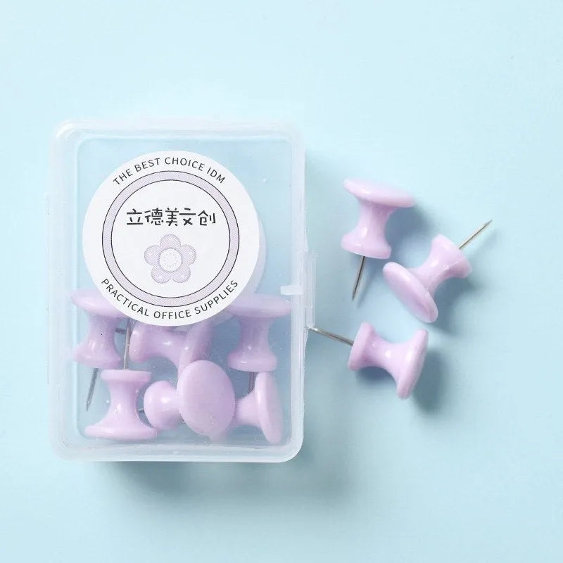 Macaron colour plastic push pins in cherry blossom pink, mint green and lavender, available in large and small sizes