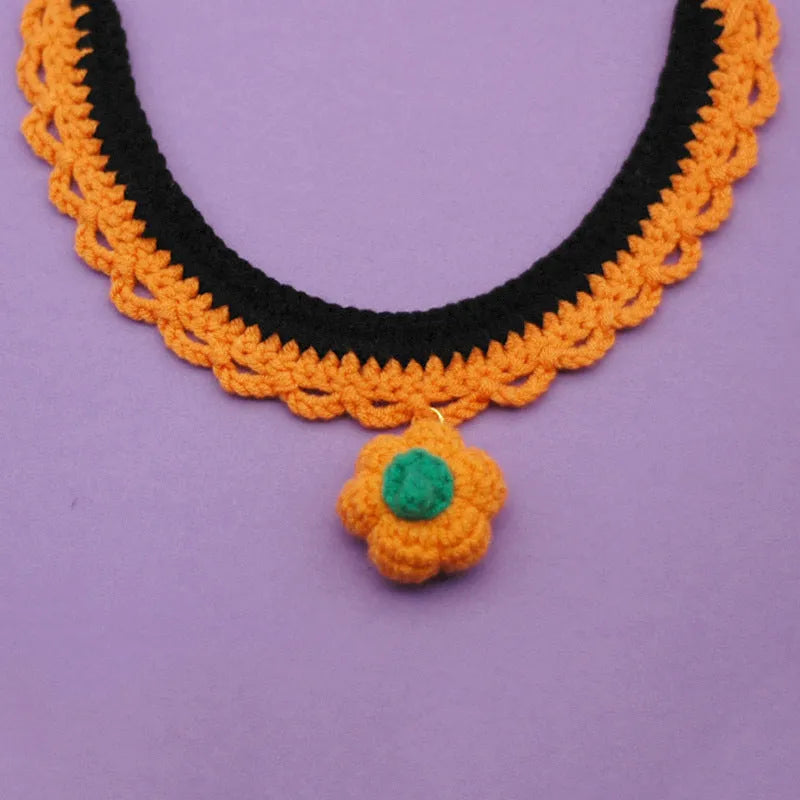 Hand crocheted wool Halloween pet collar for cats and dogs in pumpkin colours