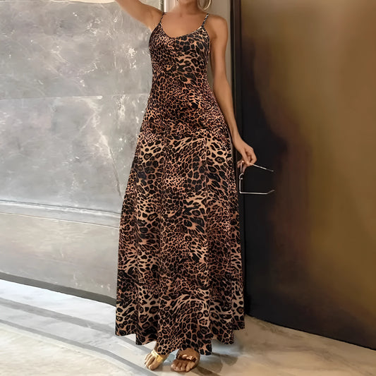 Dark brown leopard print sleeveless dress with sling shoulders and round neck