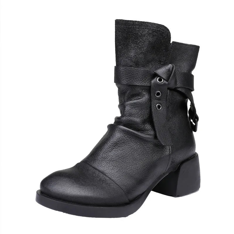 Women's black retro ankle boots with chunky heel and genuine leather upper