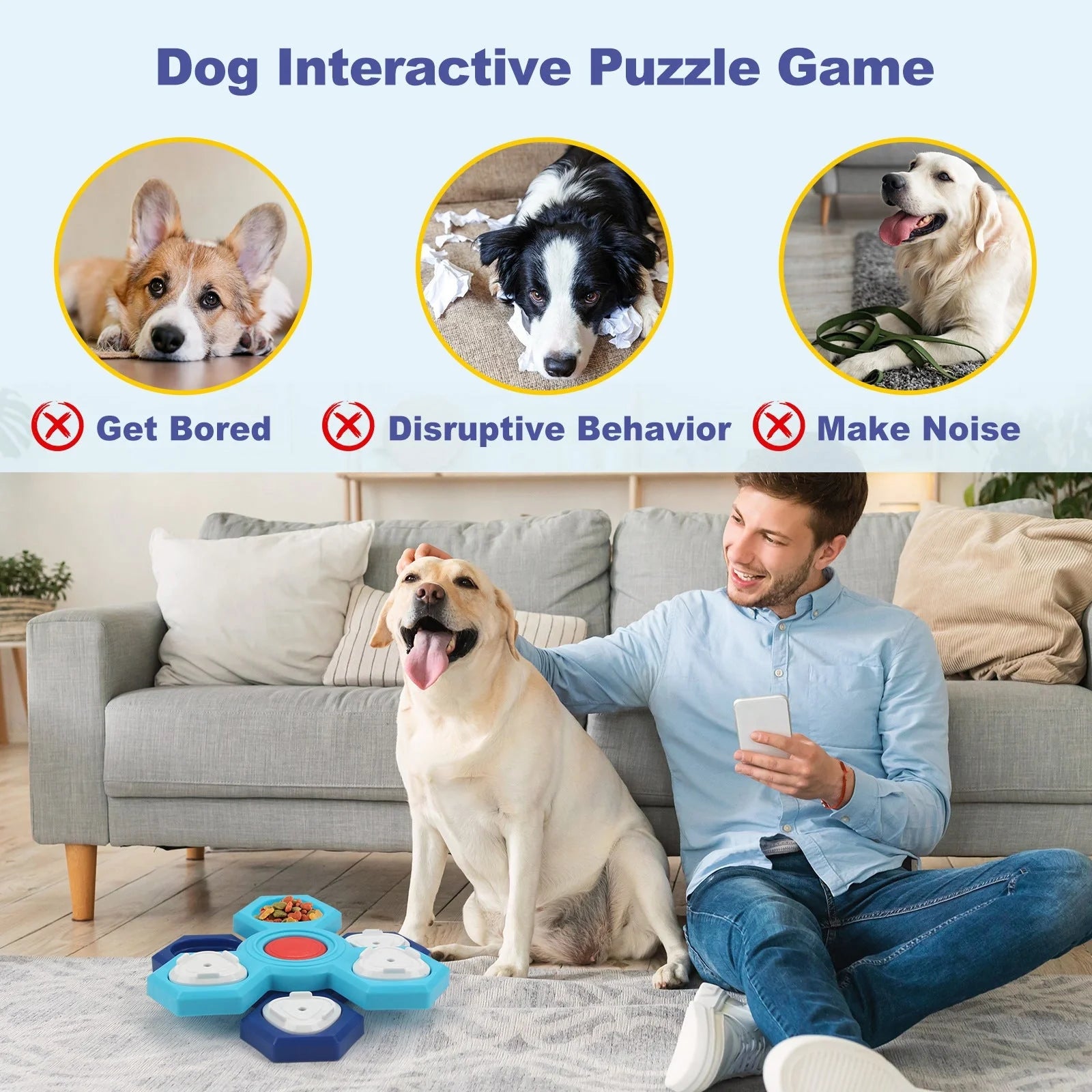 Blue 4-layer slow feeder puzzle dog bowl for healthy eating habits