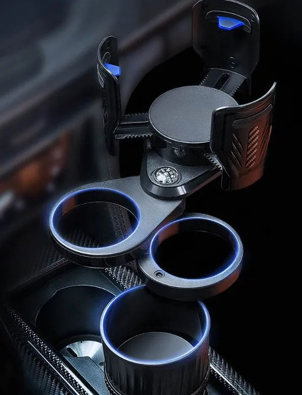 Carbon fibre black car cup holder with adjustable base showing 6.5-10 cm retractable mechanism