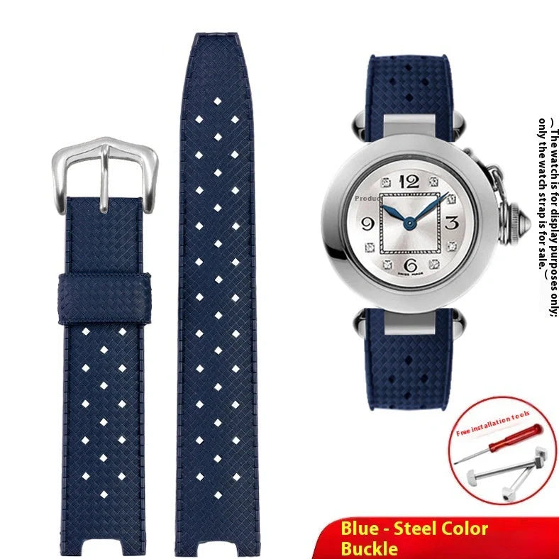 Black silicone watch strap with steel buckle showing female port connection for 20mm-22mm watches