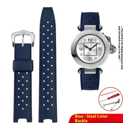 Black silicone watch strap with steel buckle showing female port connection for 20mm-22mm watches