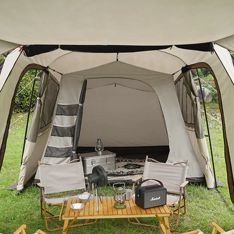 Large tunnel tent 480x260x200cm, blue jade or ivory, with 150D oxford PU 3000mm waterproof shell and bedroom.