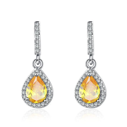 Elegant drop-shaped earrings featuring shimmering zircon stones in a variety of colors, including white, yellow, blue, and red diamond.