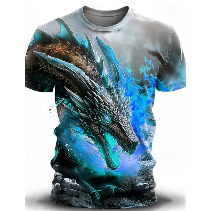 Men's grey T-shirt with a large blue and white 3D wind dragon printed design on the front.