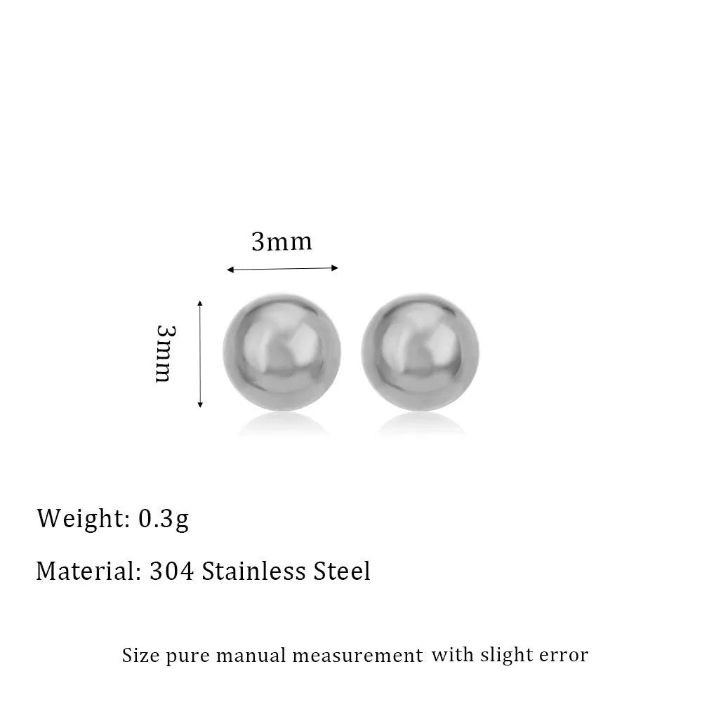 Stainless steel ball stud earrings with round geometric shape in gold or silver finish, sizes 3mm to 6mm