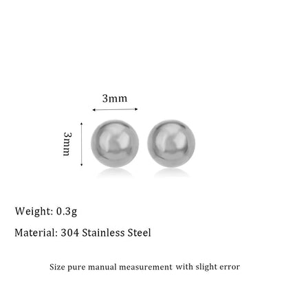 Stainless steel ball stud earrings with round geometric shape in gold or silver finish, sizes 3mm to 6mm