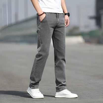 Smoky gray men's straight leg jeans with rabbit fur fabric on a hanger.