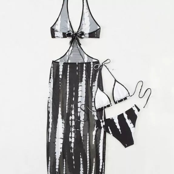 Women's three-piece bikini set in black and white with quick-dry fabric
