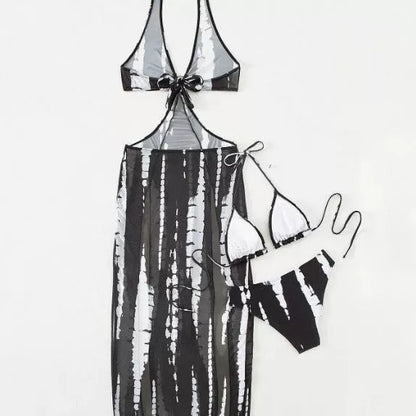 Women's three-piece bikini set in black and white with quick-dry fabric