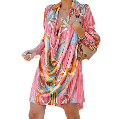 Chic leopard print A-line mini dress with flattering silhouette, lapel collar, and long sleeves