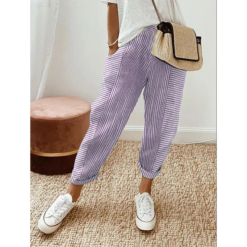 Women's striped print trousers in light gray, loose fit for summer comfort