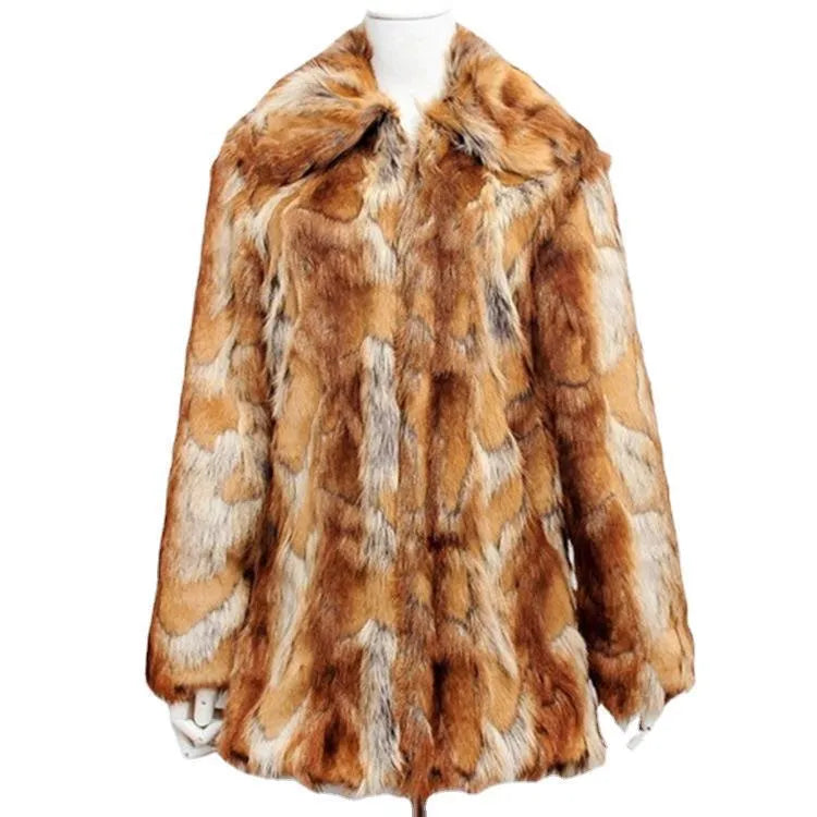 Tiger pattern slim leather jacket with faux fur lining, 65cm medium length street fashion outerwear