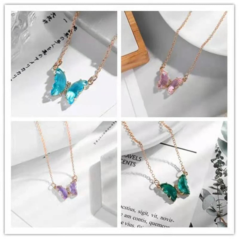 Korean style crystal butterfly necklace with water wave chain in blue, purple, light blue, and pink