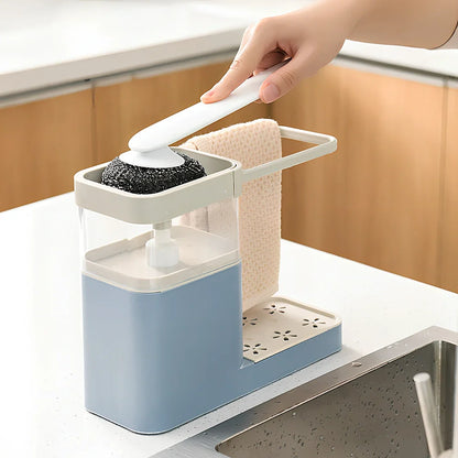 Blue kitchen sink dispenser with towel bar and shelf measuring 25cm wide