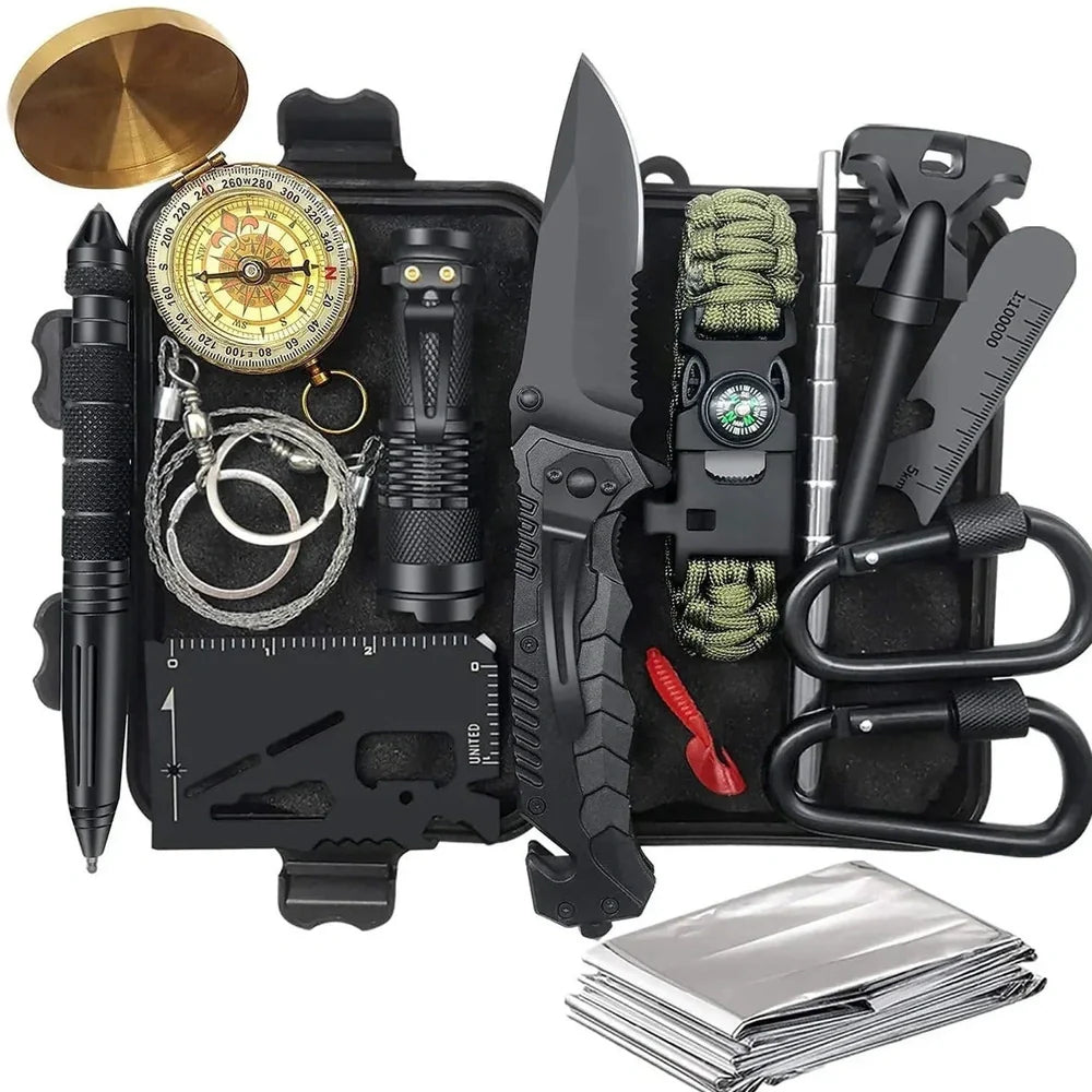 Outdoor survival kit with alloy multi-tool, emergency whistle, compass, and tools in waterproof plastic case