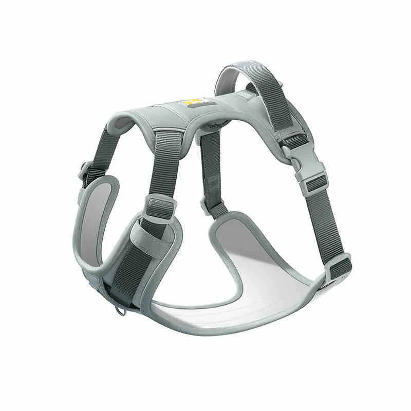 Dog wearing a chest strap harness with an attached hand holding rope in a choice of five colours.