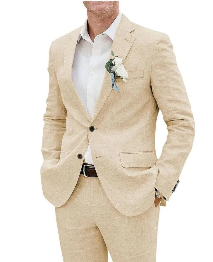 Men's beige linen blend slim fit two-piece suit for business and formal occasions