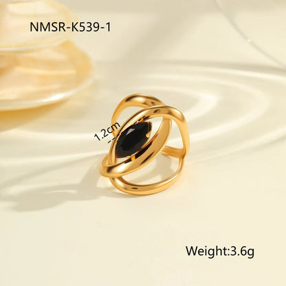 Titanium steel open mouth ring with geometric design and inlaid zircon stones for women