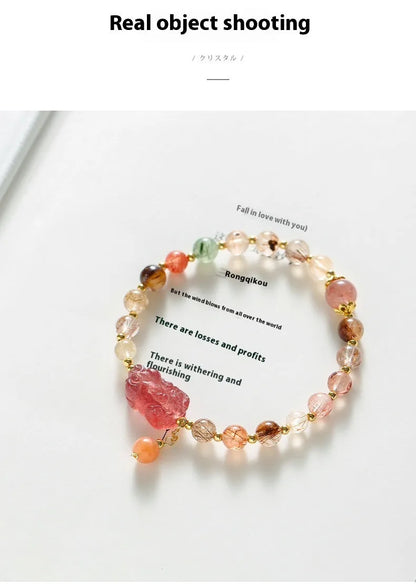Strawberry quartz crystal bracelet with copper chain, Pixiu charm, and natural pearls in dopamine crystal colour