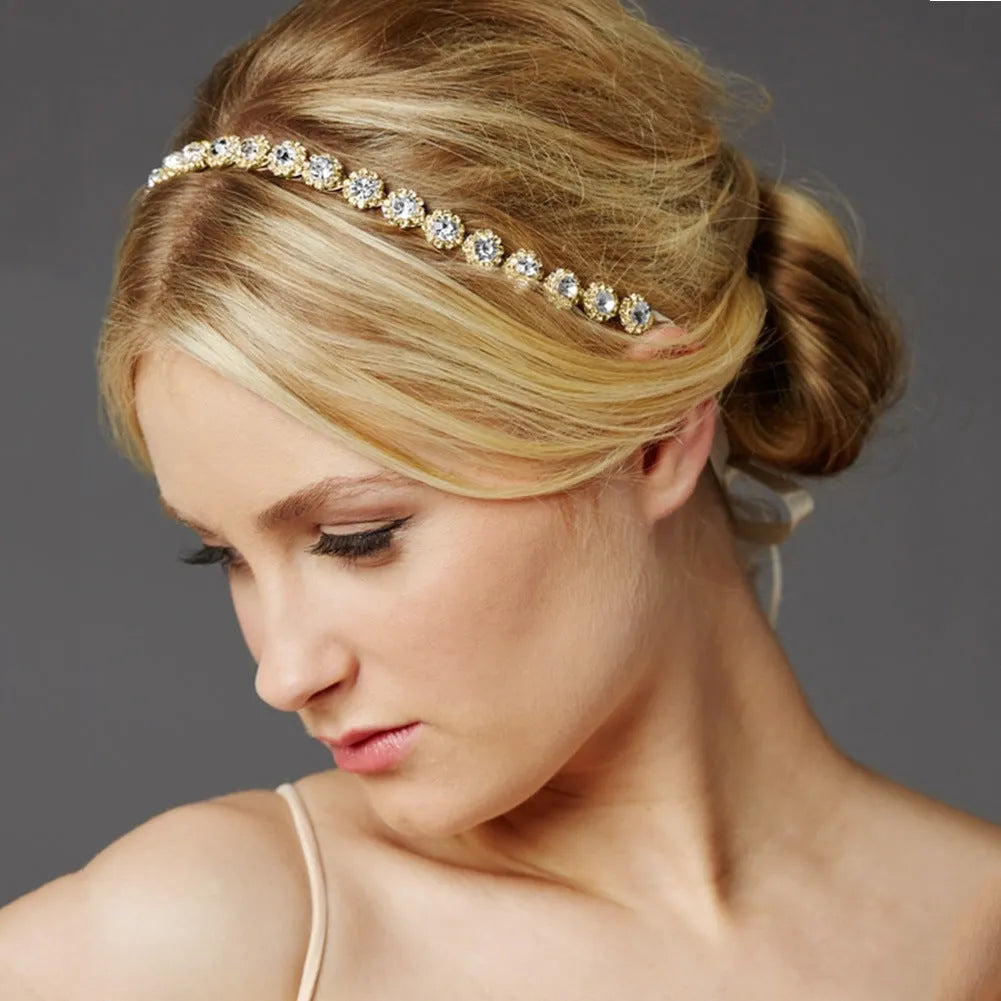 Bridal rhinestone sunflower hair band in silver, rose gold, or gold metal for wedding and banquet styling