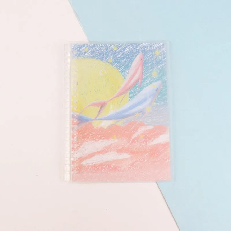 Hard cover A5 and B5 notebook with animal painting designs like whales and fruit, showing coil binding.