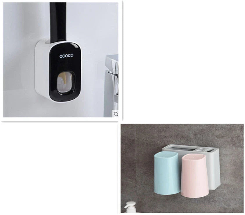 Wall-mounted automatic toothpaste dispenser with toothbrush holder and storage organizer, available in black and grey colors