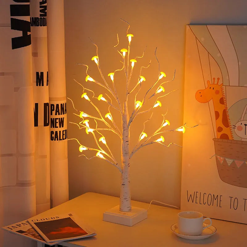 60cm tall birch tree lamp with 24 LED mushroom flowers, warm light illumination, USB and battery power options